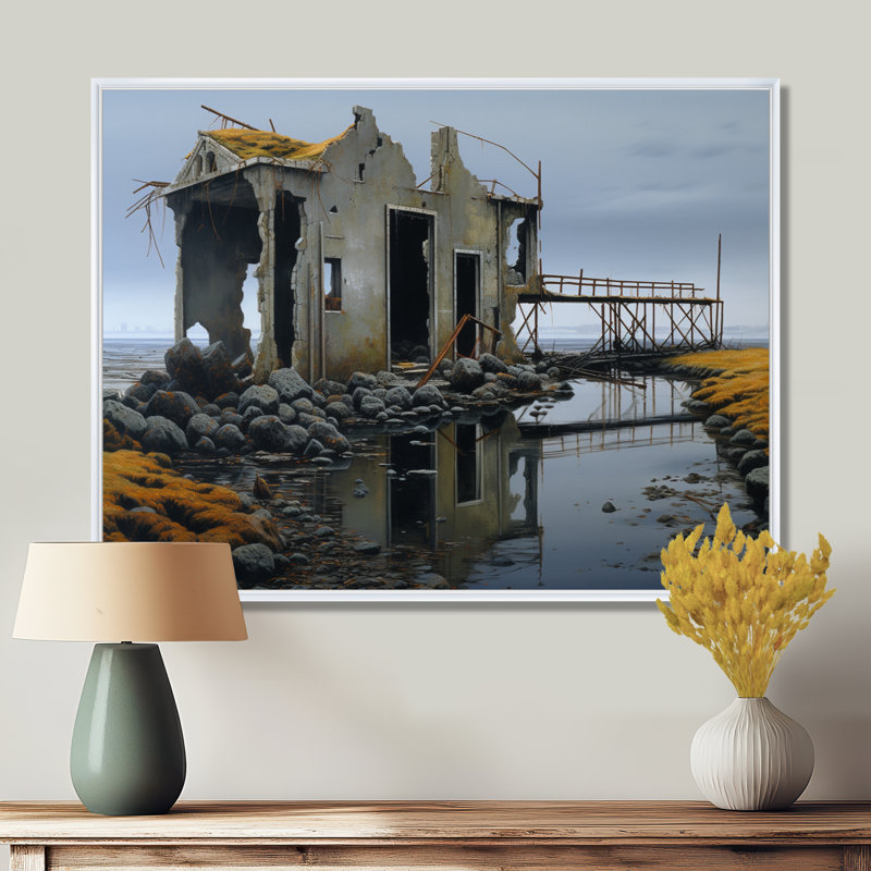 Maison de campagne déserte, ruine, gris, nostalgie - paysage, art mural, Toile encadrée flottée blanche
