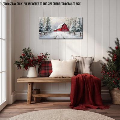 «Winter Farm Wall Art - Rustic Winter Landscape, décoration murale, scène de grange d'hiver rétro, art mural pour salon, peinture de Noël sur toile tendue, cadre en pin, 12 po x 24 po