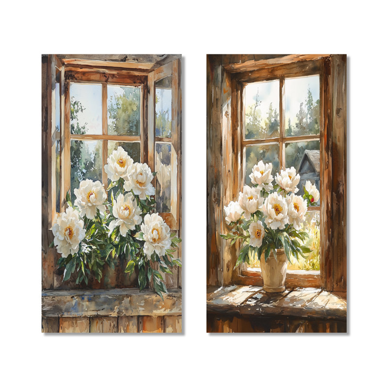 Pivoines à la grange II - ensemble de 2 impressions murales florales en métal, H 40 po x l 40 po