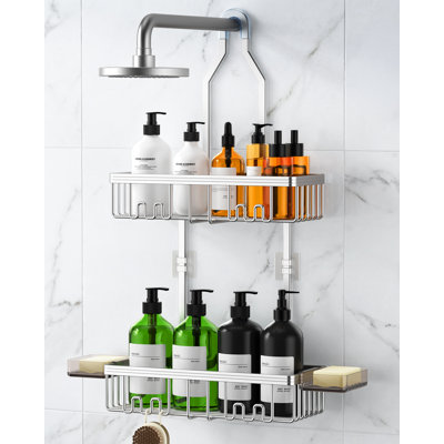 Support de douche suspendu, support en aluminium antirouille avec crochets et porte-savon, rangement de salle de bain sans perçage, argent brillant