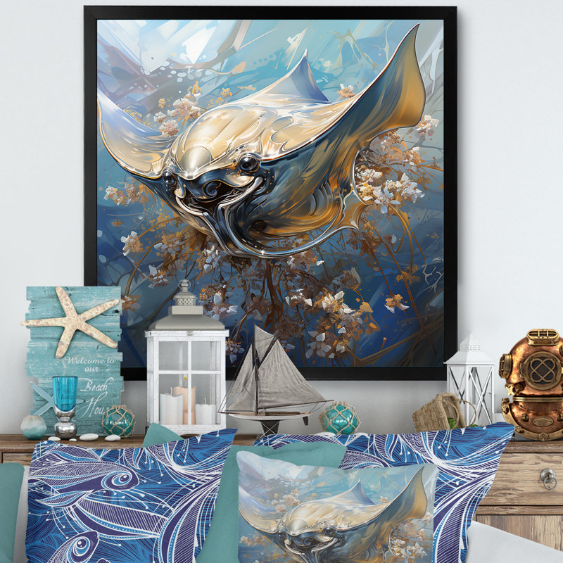 Manta Ray Dance 2 - art mural animaux côtiers, Encadrement doré, H 16 po x l 16 po x P 1 po