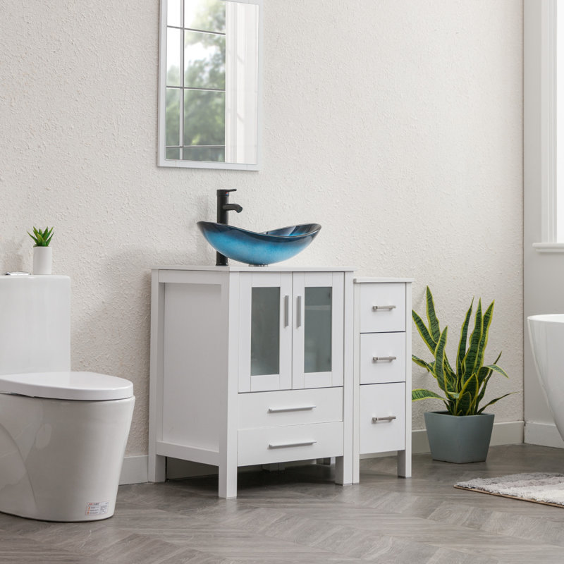 Breahnna 36'' Free Standing Single Bathroom Vanity with Manufactured Wood Top, Vessel Sink, Faucet, Drain, Blue, White