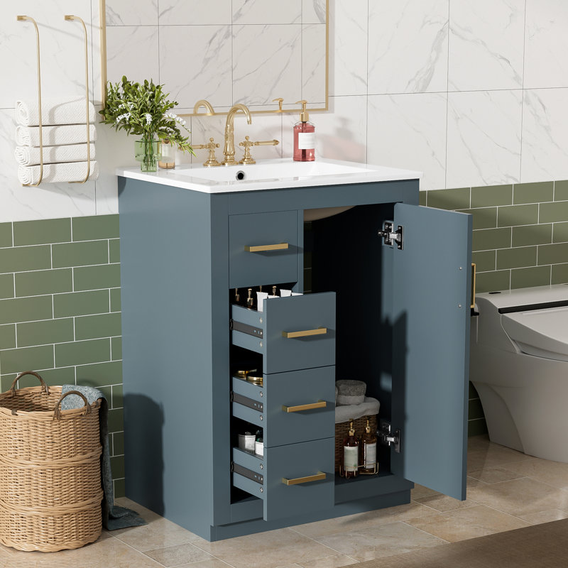 Meuble-lavabo 24 po avec lavabo en céramique intégré, 1 porte, 3 tiroirs, meuble-lavabo simple pour petite et moyenne salle de bain, bleu