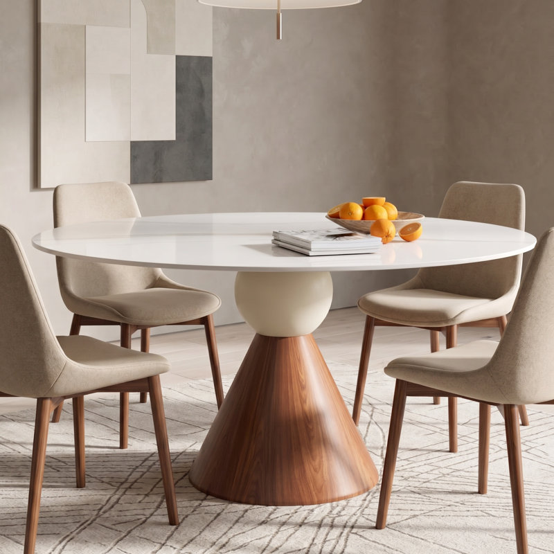 Modern Sintered Stone Dining Kitchen Table With Cone-Tapered Base, 29.53"H x 47.24"L x 47.24"W, Ivory Vein
