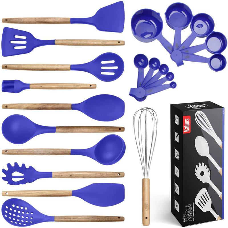 Blue Silicone and Wood 21-Piece Cooking Utensil Set
