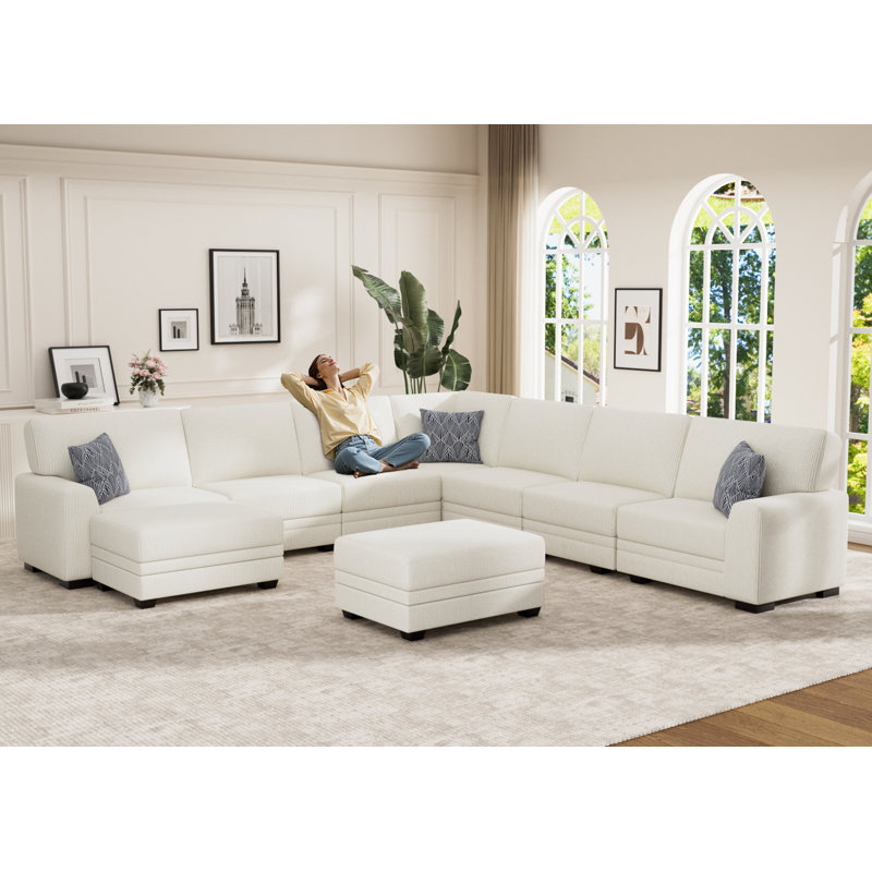Canapé modulaire en velours côtelé avec repose-pieds 9 pièces 9 pièces, Tissu crème
