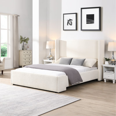 Elegant Queen White Bed, Wingback Style, Soft - Touch Fabric, Support System Size Bed With Wingback, Tall Headboard For Relaxing In Comfortably