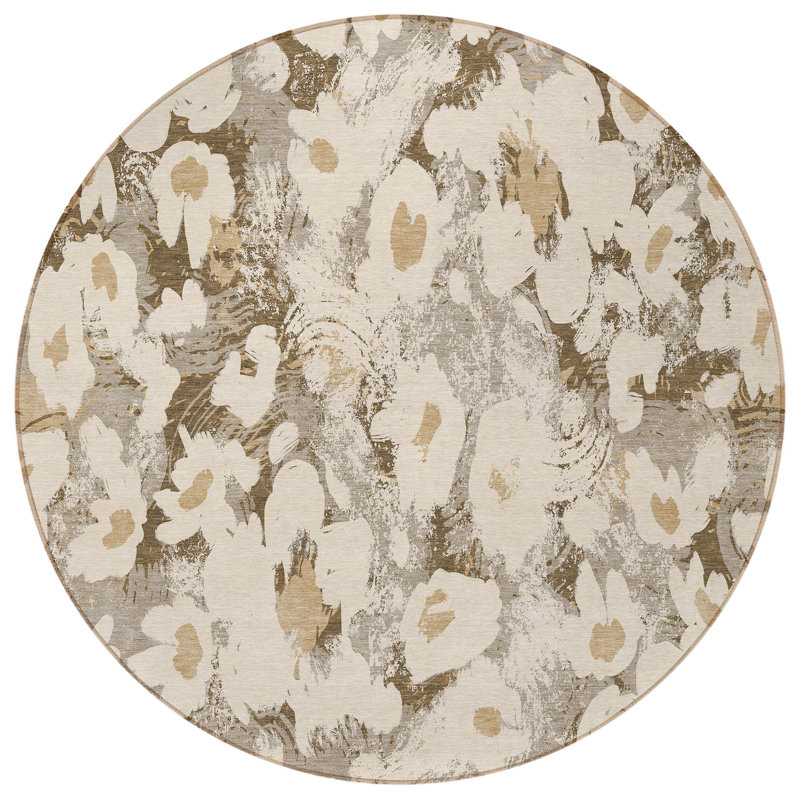Tapis d'intérieur rond 8 po kaki à motif floral lavable et antidérapant