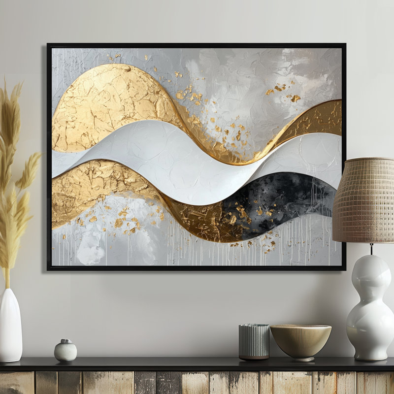 Toile abstraite abstraite «Introspection» en or et blanc I, H 30 po x l 40 po, Noir, noir, noir, noir, Cadre flottant
