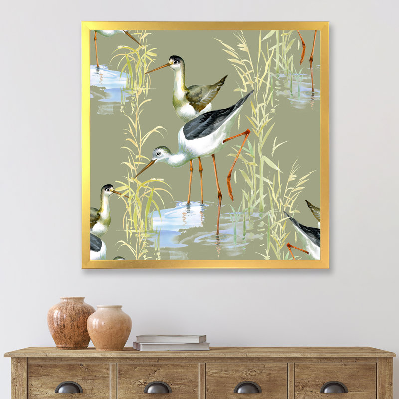 Herons, oiseaux dans l'eau - Peinture sur toile encadrée, H 16 po x l 16 po x P 1 po, Encadrement doré