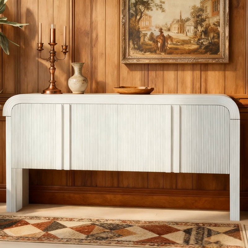 U_STYLE Console de 63 pouces à motif de vagues avec 4 portes et tablette réglable, canapé incurvé derrière le canapé, table d'entrée rustique étroite pour le salon, le vestibule et le couloir
