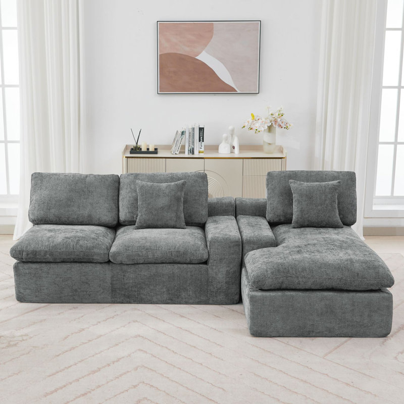 Flick Chenille Boneless Sectional Sofa with Double-Layer Cushions & Side Pockets, Gray Chenille