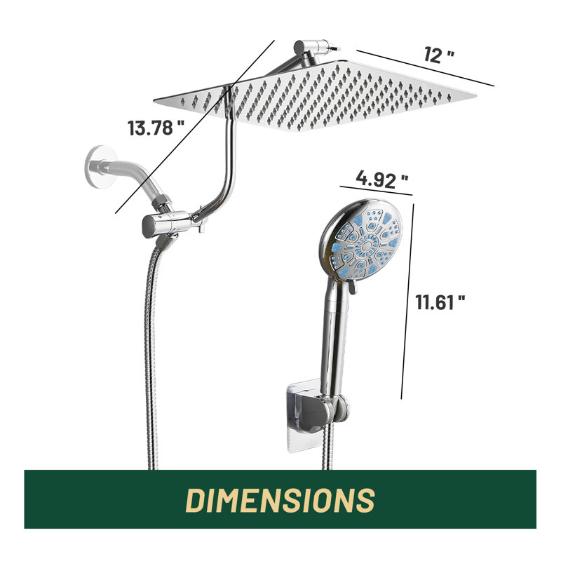 Pomme de douche réglable haute pression double 12 po avec douchette à 9 jets, Argent argent