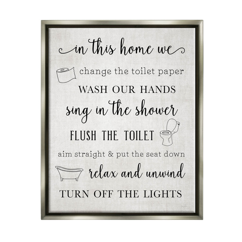 «In This Home Bathroom Rules», estampe numérique de Natalie Carpentieri, Cadre flottant gris lustré