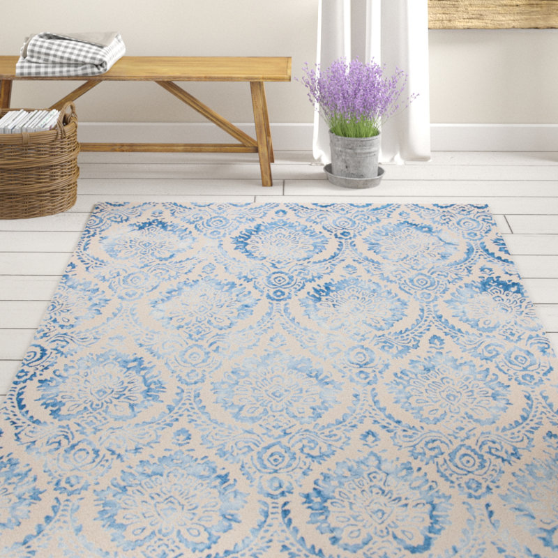 Oakton Hand Tufted Wool/Cotton/Latex Damask Rug in Blue/Ivory, Rectangle 5' x 8'