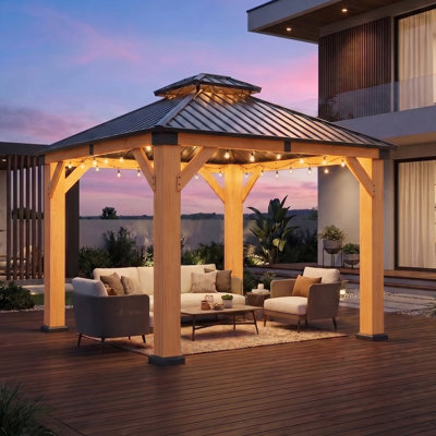 Gazebo extérieur de 3 m x 3 m en bois de cèdre de qualité supérieure avec toit rigide double en acier galvanisé, pavillon en bois pour cour arrière, terrasse et jardin