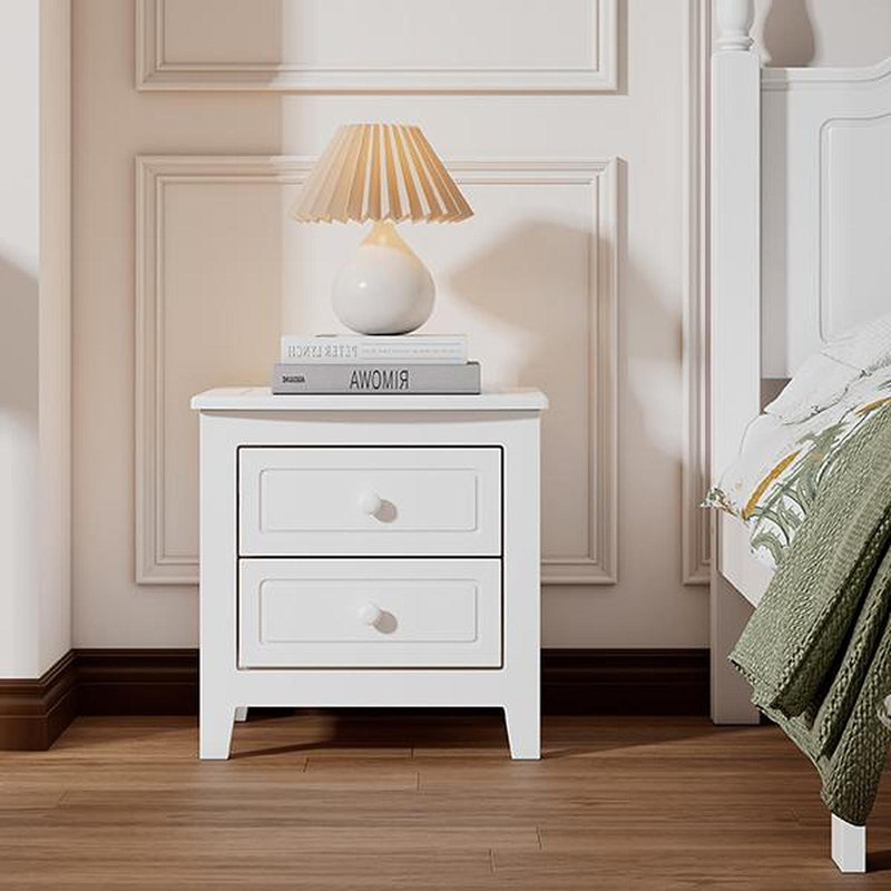2-Drawer Nightstand For Bedroom, Mid Century Retro Bedside Table With Classic Design,White, White