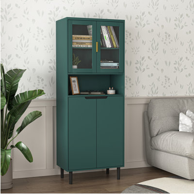  Tall Storage Cabinet 4 Doors Tempered Glass Bookcase Adjustable Shelves Organizer for Living Room
