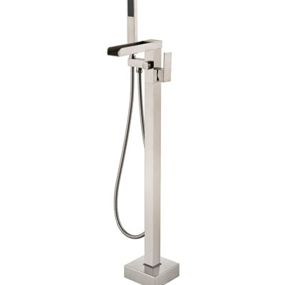 Bathroom Waterfall Tub Filler And Hand Shower In Brushed Nickel - Floor Mount Faucet, Rust With Easy To Install