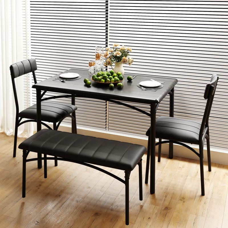 Ensemble de table de salle à manger pour 4 personnes, table rectangulaire en bois avec structure en acier, 2 chaises et banc rembourrés, meubles de cuisine compacts de style industriel rétro pour petits espaces, dîner, appartement, noir