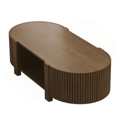 Oval Fluted Coffee Table with Storage for Living Room, Rubber Solid Wood, 1 shelf & 2 Open Storage Doors