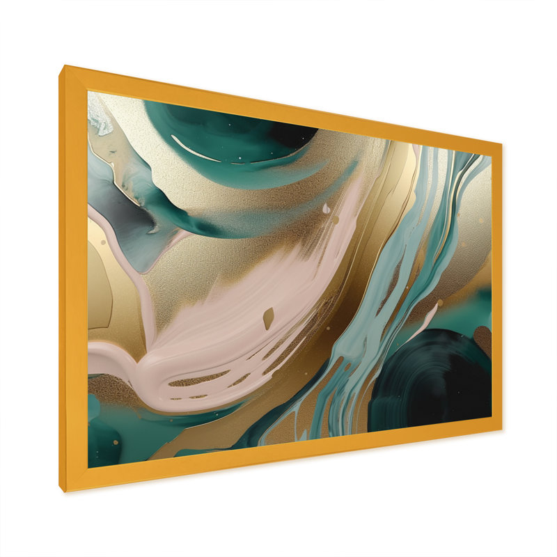 Or et vert marbré Euphoria V - art mural grand marbre abstrait, Cadre doré simple, H 16 po x l 32 po x P 1 po