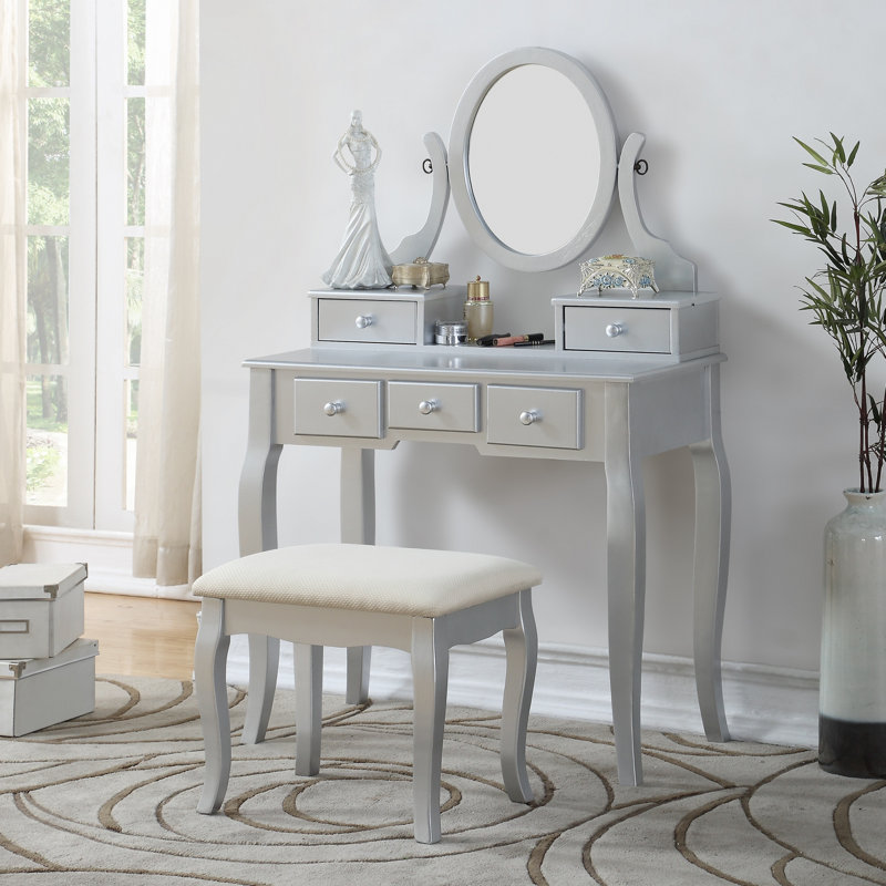 Wood Make-Up Vanity Table And Stool Set, Silver