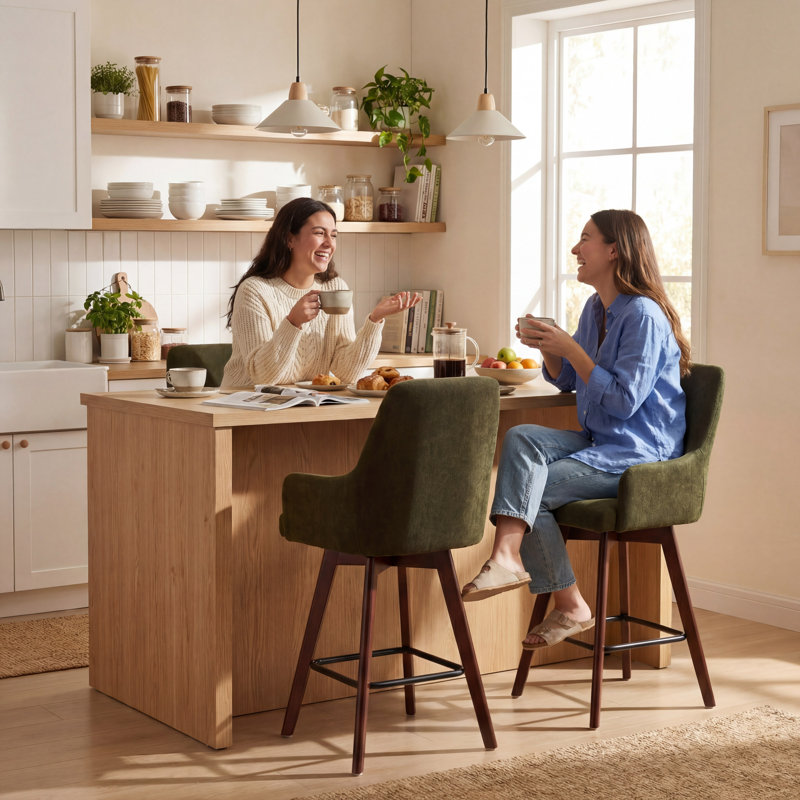 Upholstered Bar Stool with Wooden Legs Modern Counter Stool with Back & Footrest Comfortable Kitchen Island Stool for Home Bar