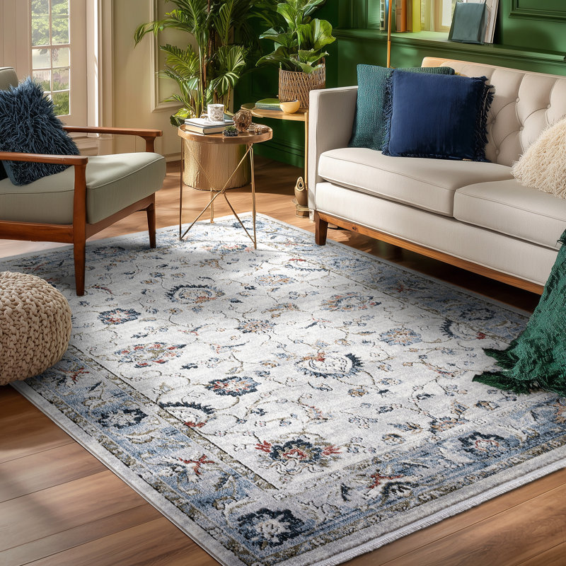 Elysium Vintage Panel Ivory Rug with Fringe, Rectangle 7'10" x 9'10"