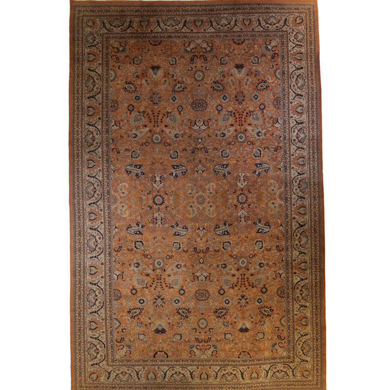 Oriental Hand-Knotted Wool Coral/White/Dark Blue Area Rug