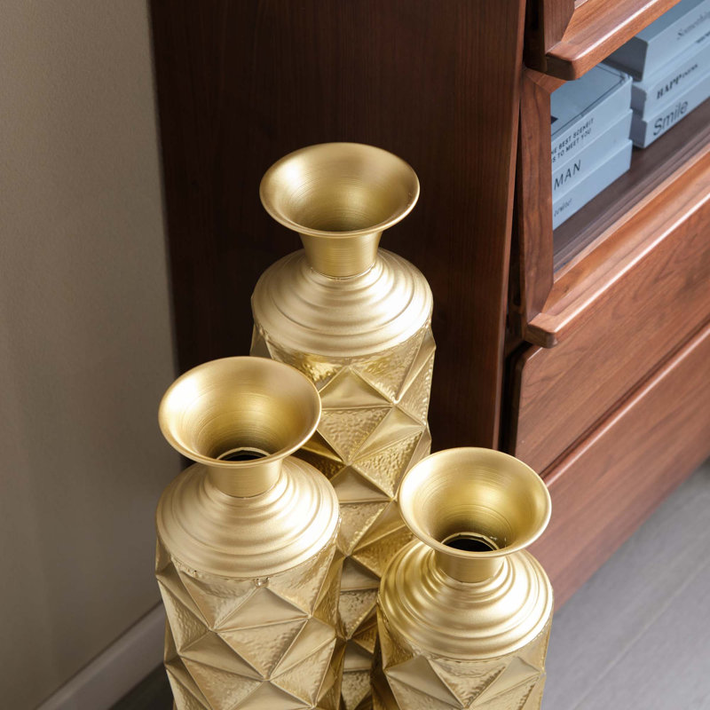 Semi-Handmade Metal Floor Vase Set Of 3, Gold-Plated Geometric Diamond Pattern Vases, 33.5/29.5/25.2 Inch Large Decorative Vases For Living Room, Entryway, Office Decor (4.72In Top, 5.91In Base)