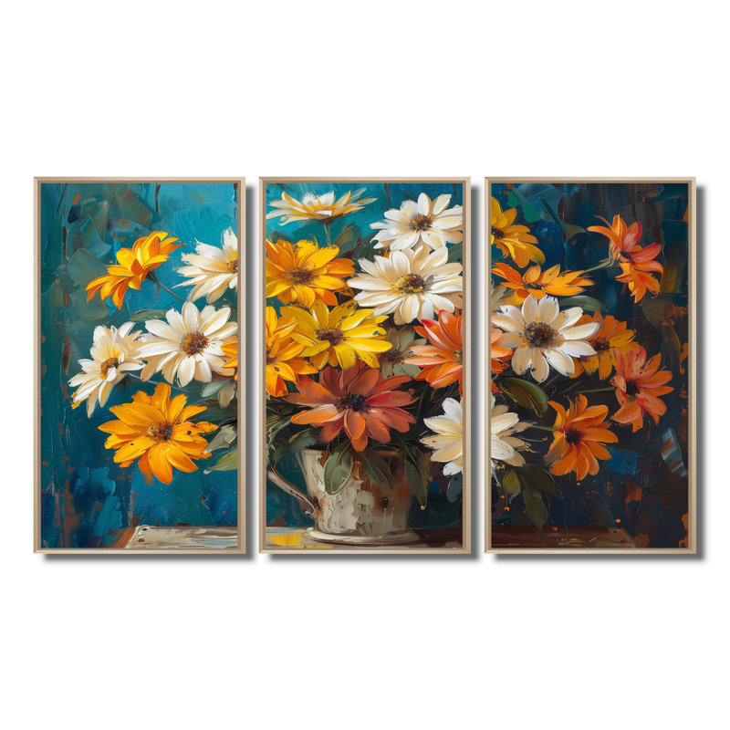 «Farmhouse Daisies In Milk Bucket» - ensemble d'art mural marguerites, Toile naturelle avec cadre flottant