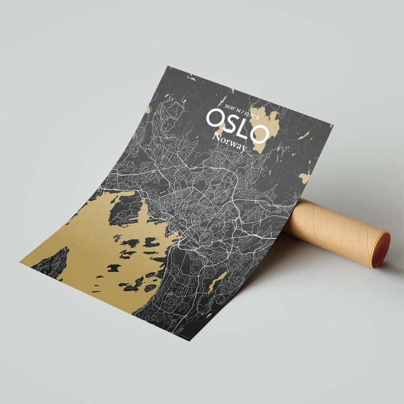 Oslo, carte de la ville, impression, Noir / or, H 24 po x l 18 po