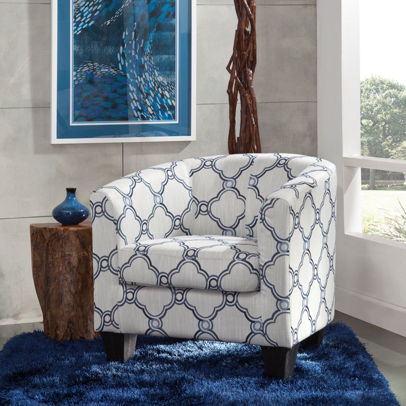 Ellen Upholstered Barrel Chair, Cirrus Sky Blue/Cream Polyester Blend