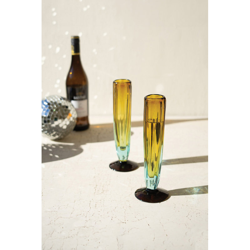  Verre à champagne recyclé cannelé H 9,5 po - Ensemble de 6 verres bleus et ambrés soufflés à la main