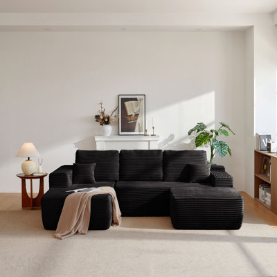 104" Cloud Sectional Sofa With U-Shape Chaise And Side Pockets , Modern Modular Design, Deep Seating, Upholstered Couch For Living Room/Bedroom, No Assembly Required (Plush Fabric),Black,Left