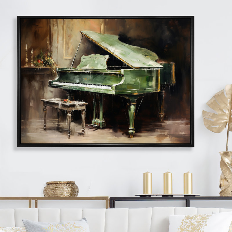 «Green Piano Impressionist», instrument sur toile, Cadre flottant noir, H 34 po x l 44 po