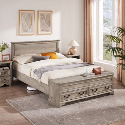 Farmhouse Queen Size Bed Frame with Footboard Storage Bench & 2 Safe Lift-Top Compartments
