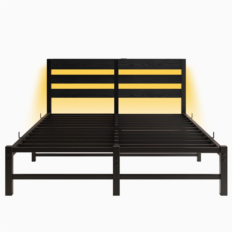 Queen Black Metal Bed Frame with Wooden Headboard and RGB Lights