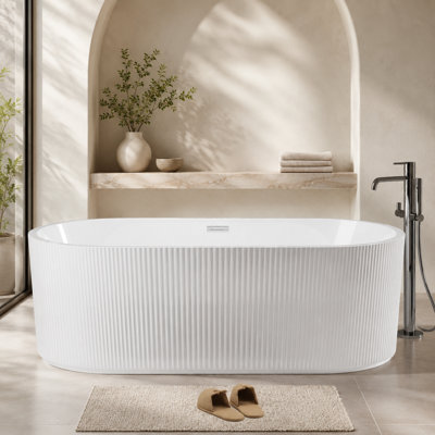 [59"] Acrylic Freestanding Soaking Bathtub, Single Slipper Tub with Ergonomic Backrest, Pop-Up Drain and Overflow, White
