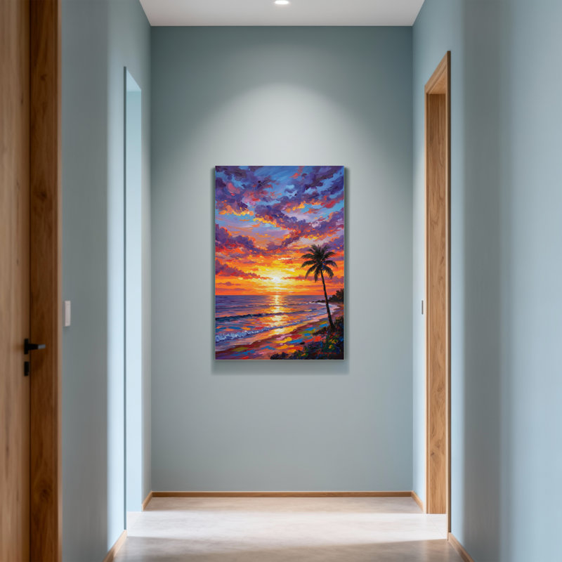 Paysage et nature coucher de soleil ciel palmier océan vagues plage, H 30 po x l 20 po