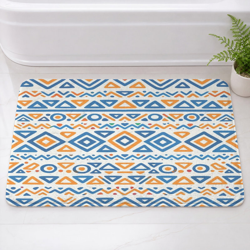 Tapis de bain Tribal, L 24 po x L 17 po, Bleu foncé / orange moyen