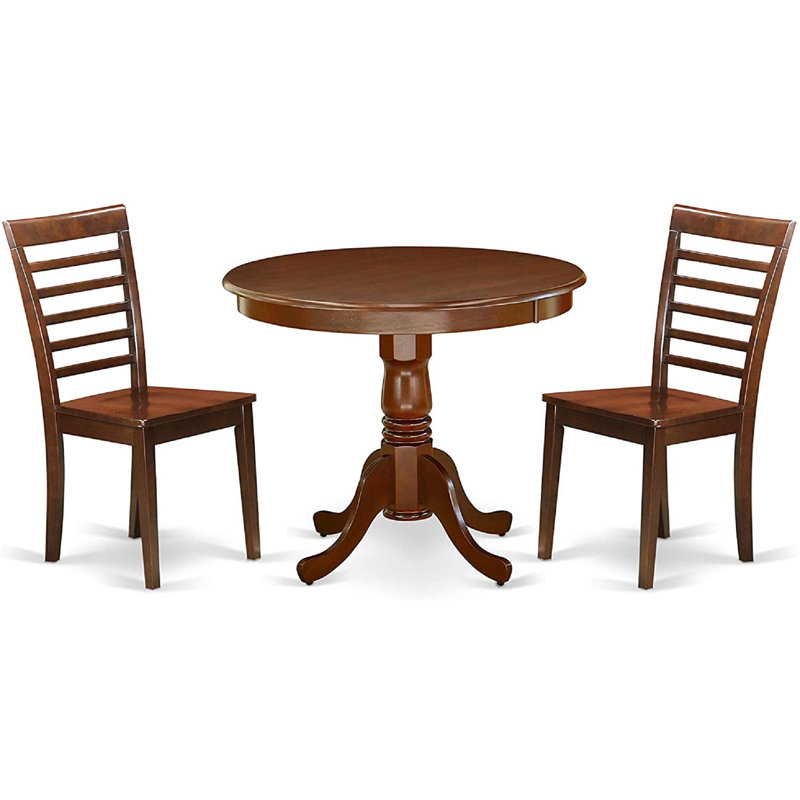 L'ensemble de 3 tables de salle à manger modernes comprend une table de cuisine ronde avec piédestal et 2 chaises de salle à manger, 36 x 36 pouces, acajou