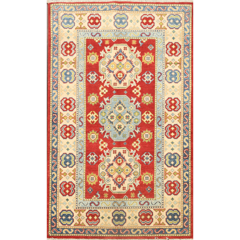 Tapis rouge / bleu / ivoire / vert en laine noué à la main 3 pi x 4 pi 11 po