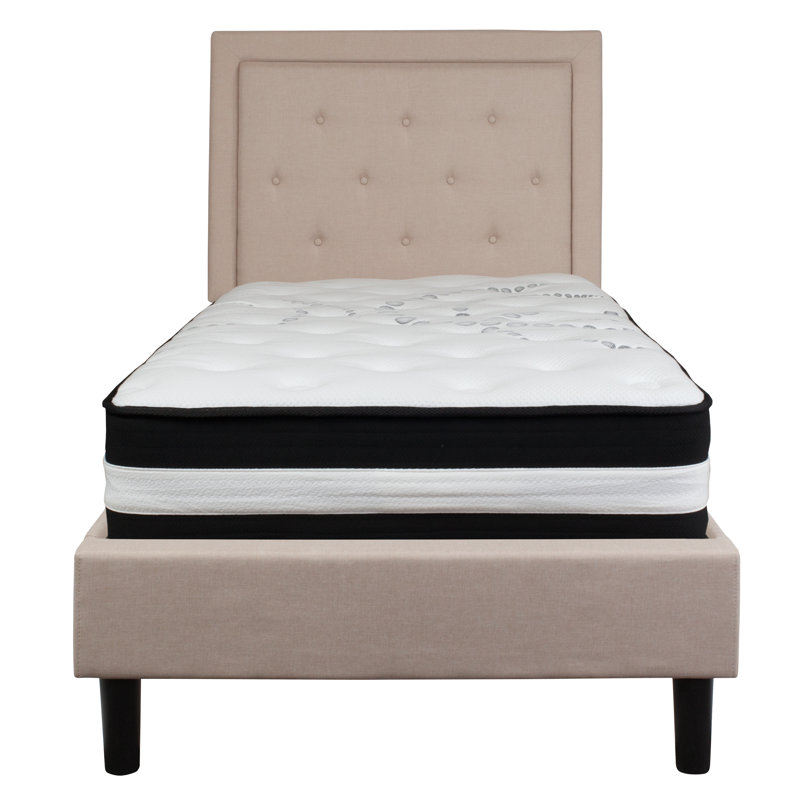 Aluino Panel Tufted Upholstered Platform Bed and Pocket Spring Mattress, Beige, Twin
