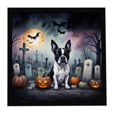 «Boston Terrier Spooky Halloween», reproduction d'art encadrée