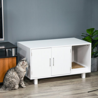 Bac à litière en bois blanc avec portes magnétiques pour chat et table de bout