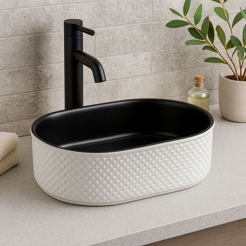 Lavabo vasque ovale texturé 20 po x 14 po - Extérieur à motif de losanges blancs avec intérieur noir