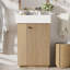 Meuble-lavabo de 21,6 po avec lavabo en céramique, finition grain de bois, fonction de fermeture en douceur, rangement latéral pour la conception et porte-mouchoirs de petite taille
