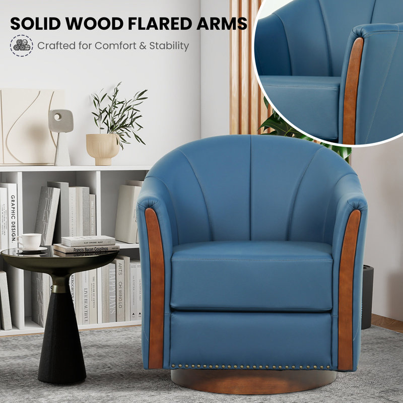 Modern Leather Swivel Barrel Chair with Solid Wood Base（Set of 2), Blue